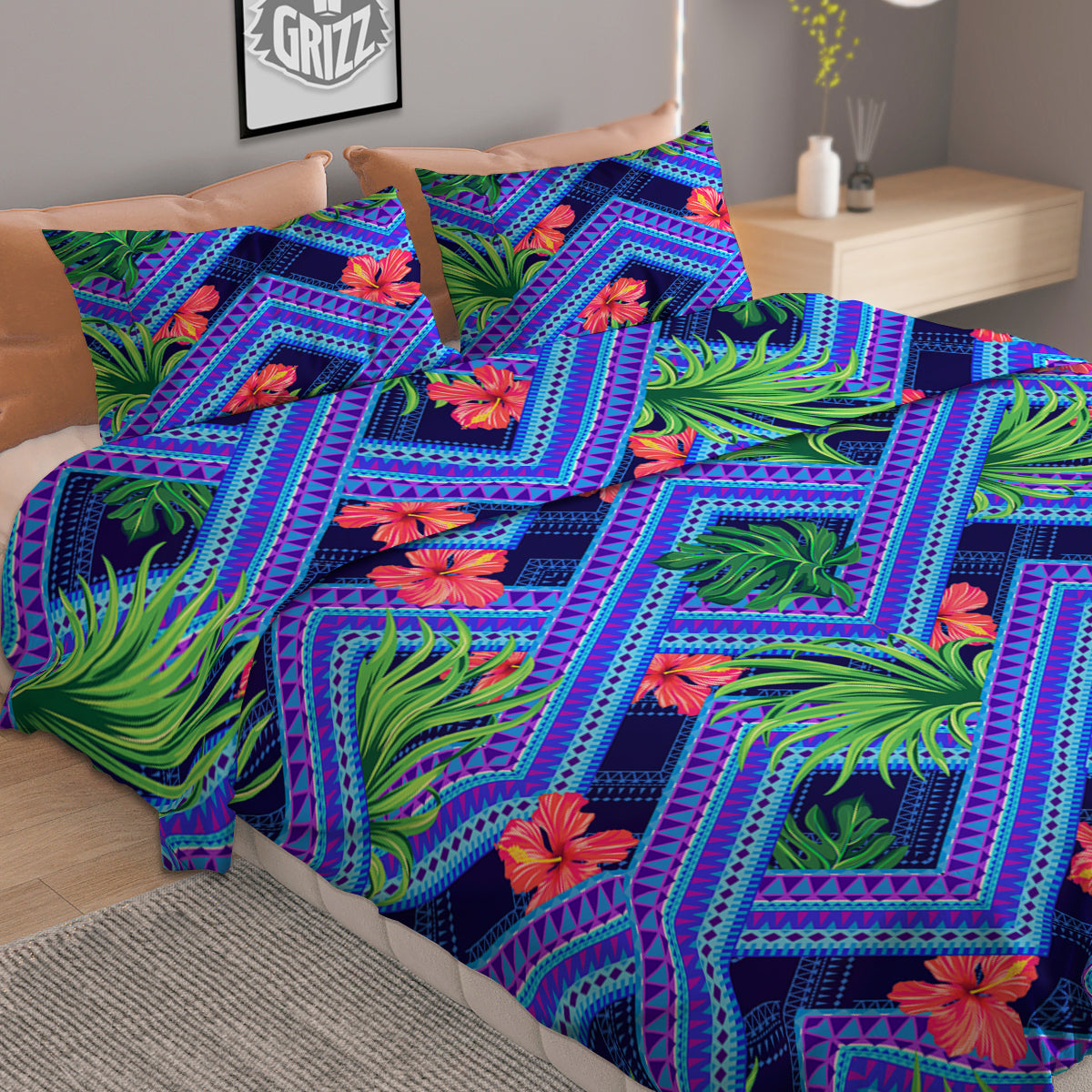 Aztec Tropical Hibiscus Flower Print Pattern Duvet Cover Bedding Set