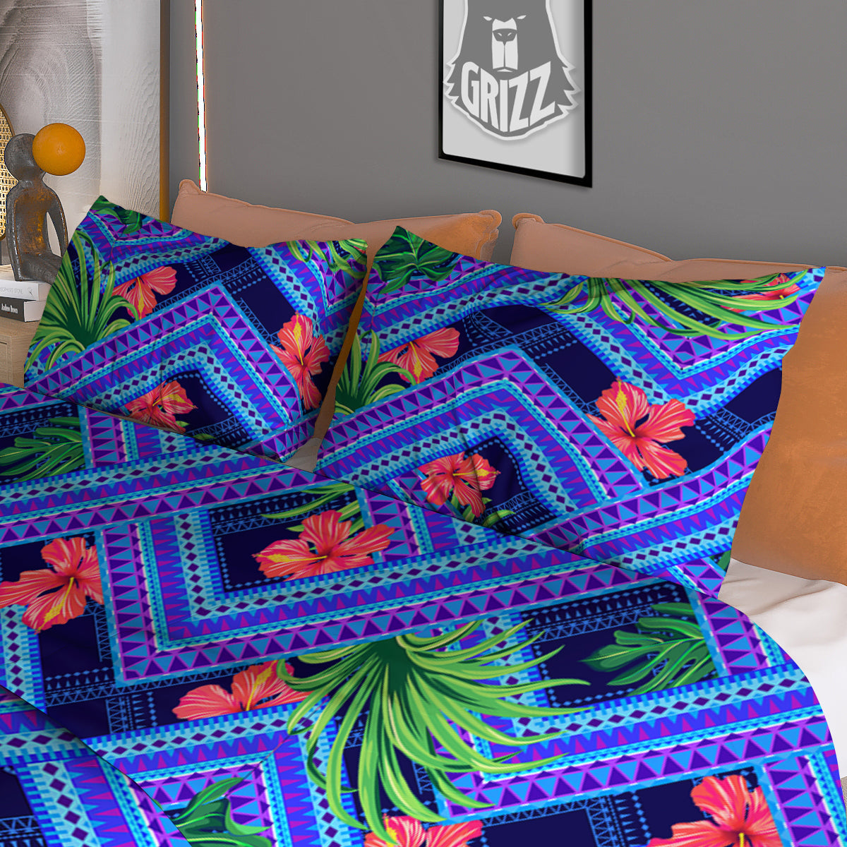 Aztec Tropical Hibiscus Flower Print Pattern Duvet Cover Bedding Set