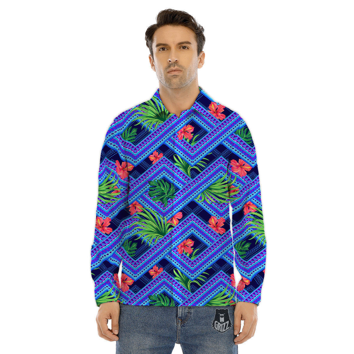 Aztec Tropical Hibiscus Flower Print Pattern Men's Dress Shirts-grizzshop