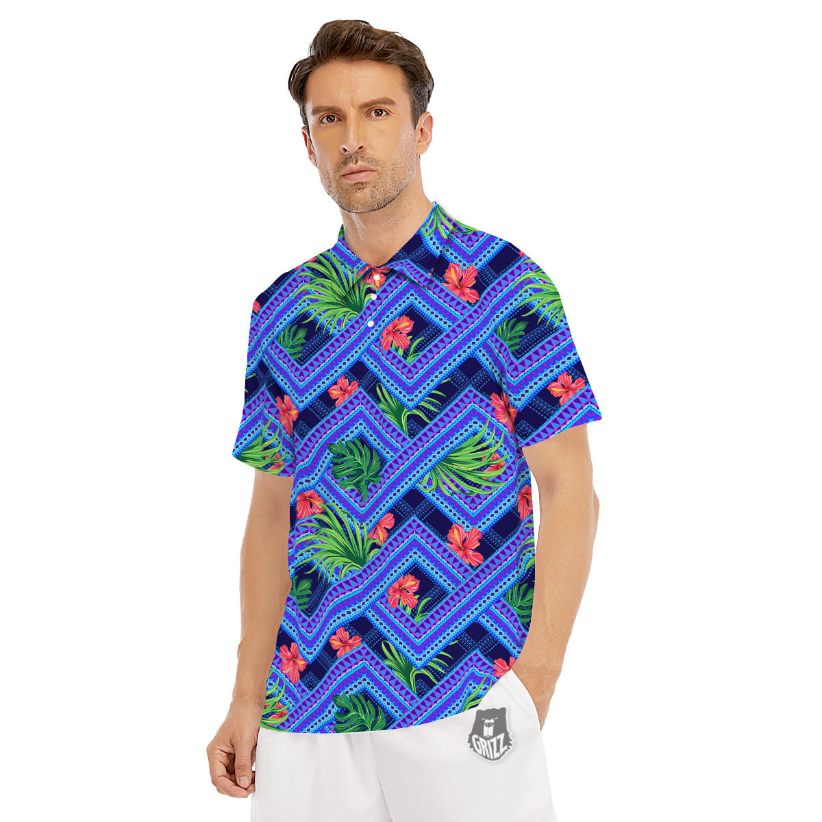 Aztec Tropical Hibiscus Flower Print Pattern Men's Golf Shirts-grizzshop