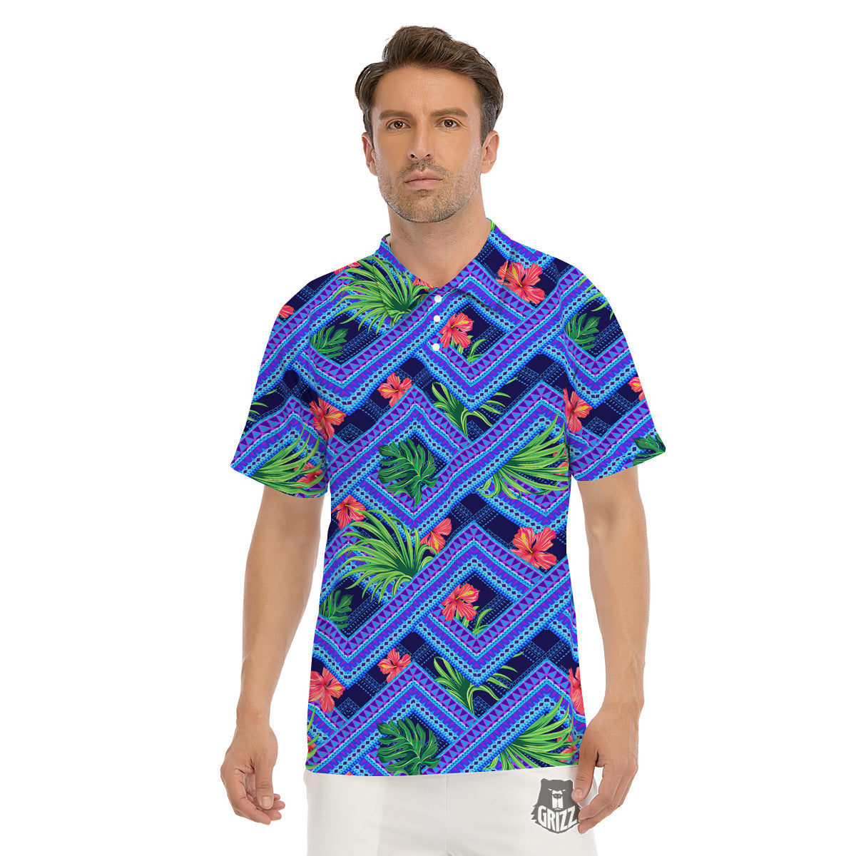 Aztec Tropical Hibiscus Flower Print Pattern Men's Golf Shirts-grizzshop