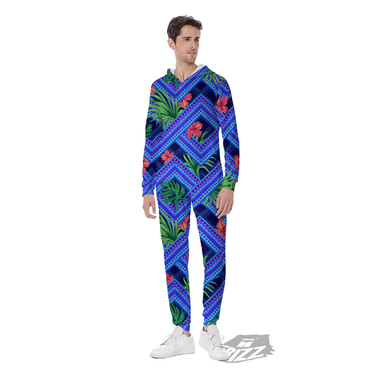 Aztec Tropical Hibiscus Flower Print Pattern Men's Jumpsuit-grizzshop