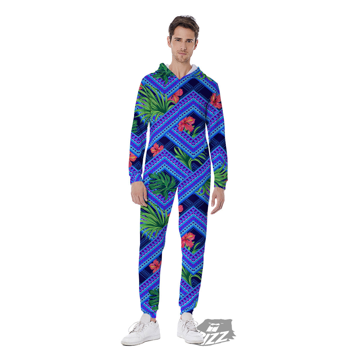 Aztec Tropical Hibiscus Flower Print Pattern Men's Jumpsuit-grizzshop