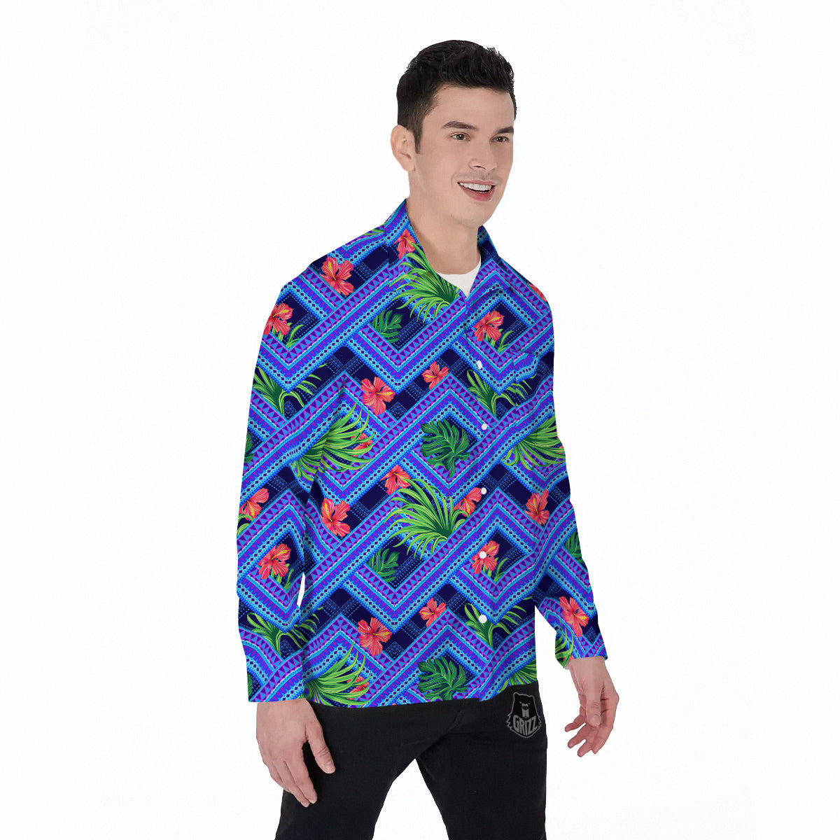 Aztec Tropical Hibiscus Flower Print Pattern Men's Long Sleeve Shirts-grizzshop