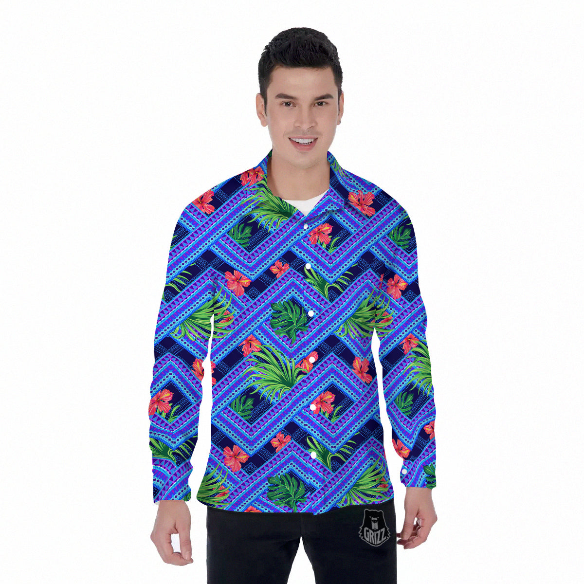 Aztec Tropical Hibiscus Flower Print Pattern Men's Long Sleeve Shirts-grizzshop