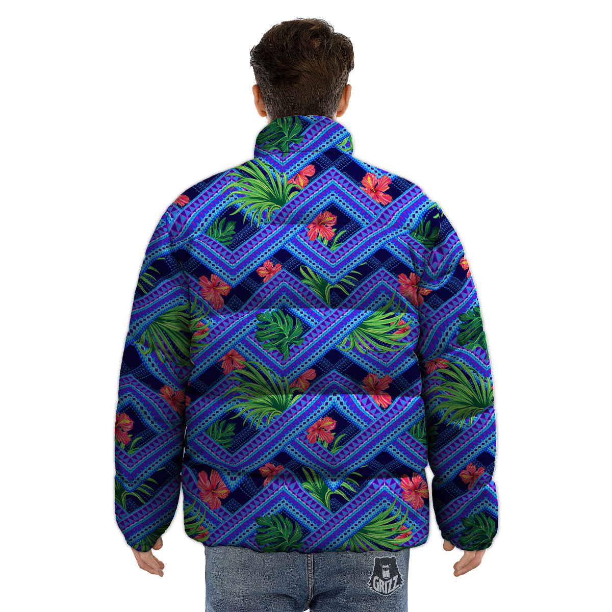 Aztec Tropical Hibiscus Flower Print Pattern Puffer Jacket-grizzshop