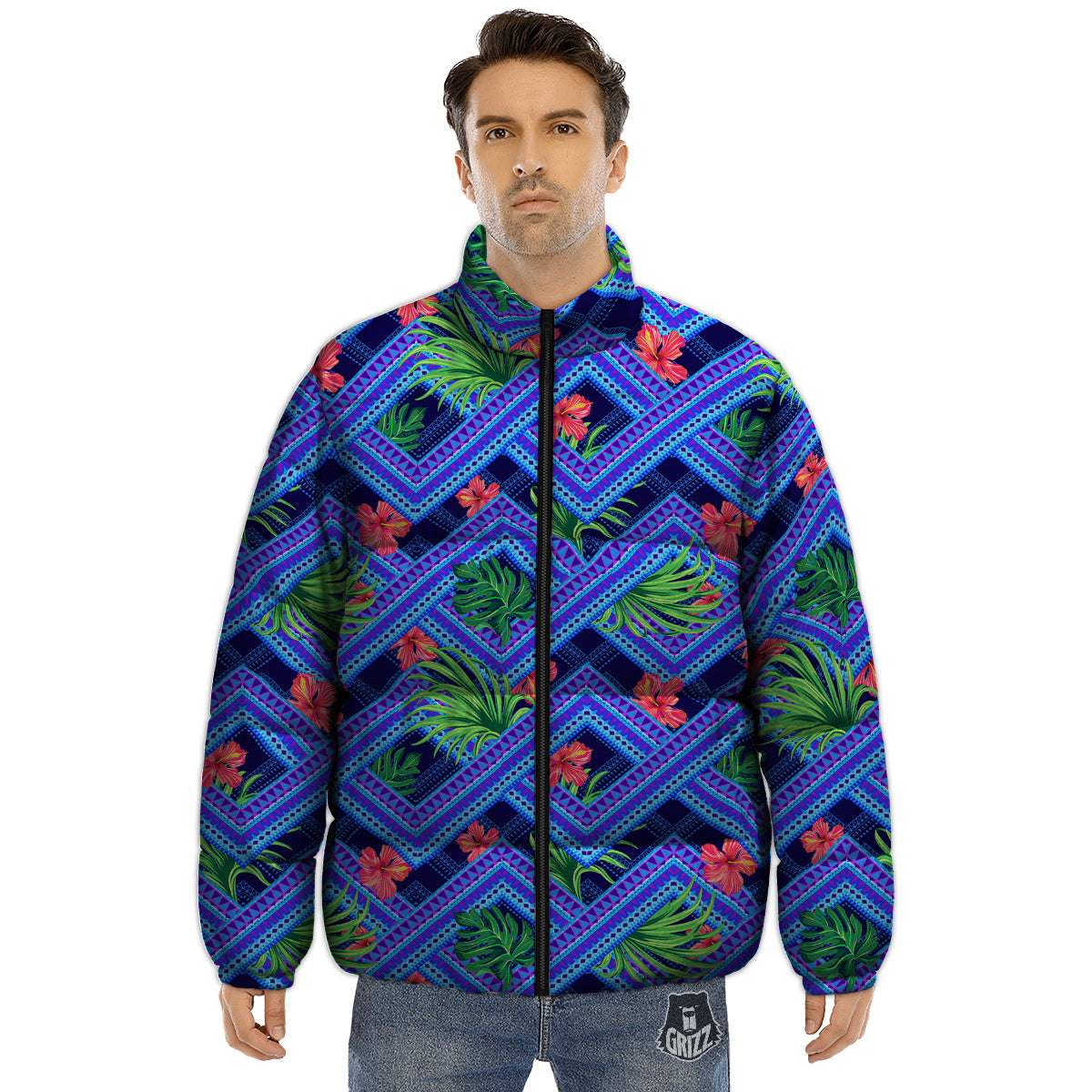 Aztec Tropical Hibiscus Flower Print Pattern Puffer Jacket-grizzshop