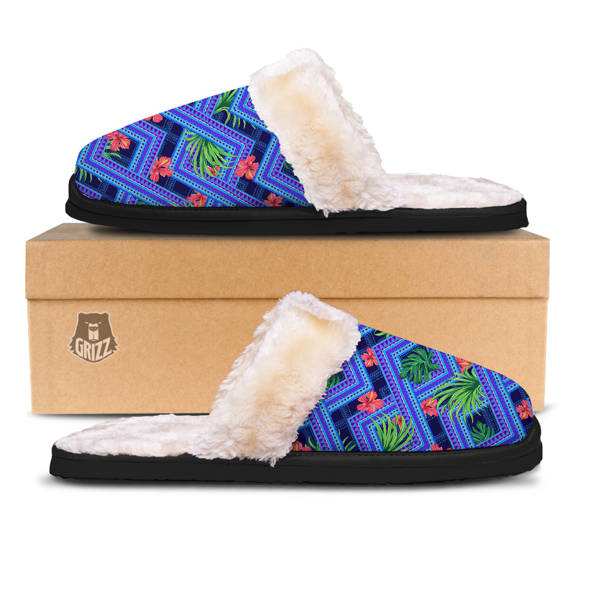 Aztec Tropical Hibiscus Flower Print Pattern Slippers-grizzshop