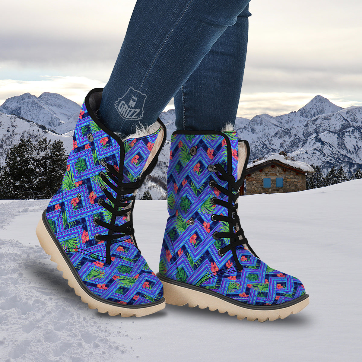 Aztec Tropical Hibiscus Flower Print Pattern Snow Boots-grizzshop