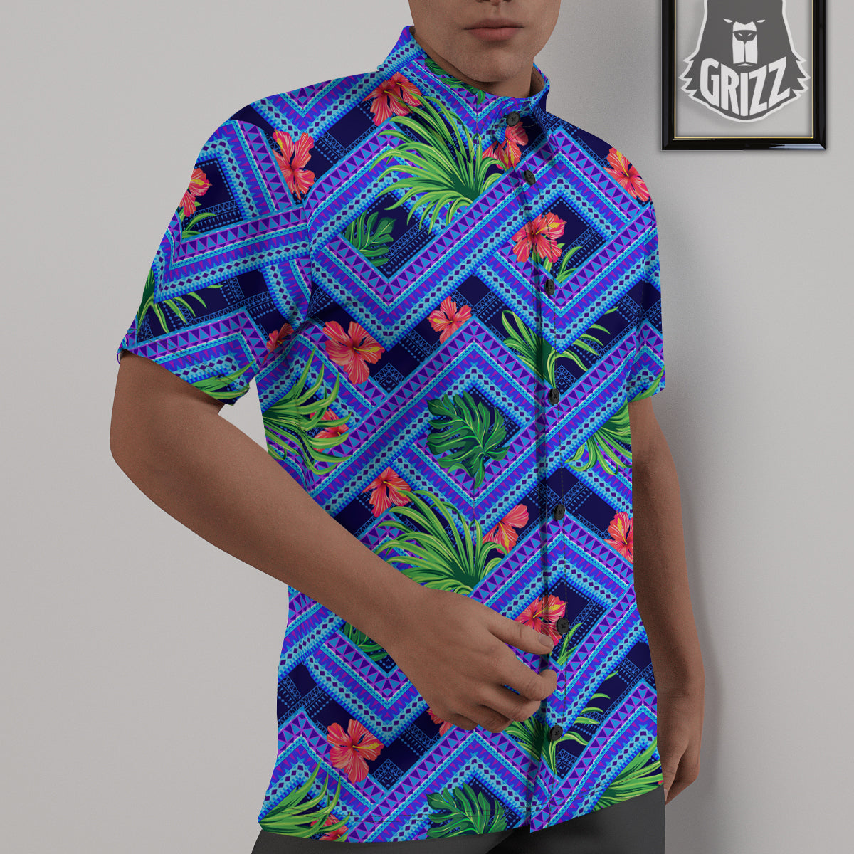 Aztec Tropical Hibiscus Flower Print Pattern Untucked Shirts-grizzshop