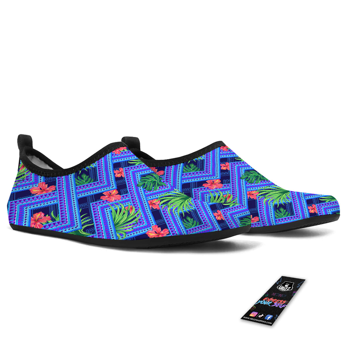 Aztec Tropical Hibiscus Flower Print Pattern Water Shoes-grizzshop