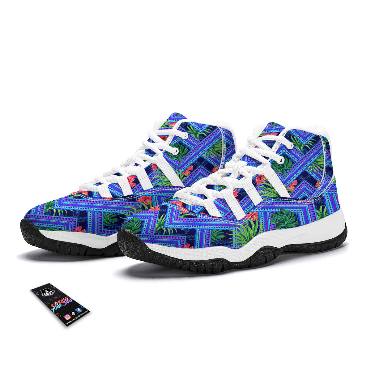 Aztec Tropical Hibiscus Flower Print Pattern White Bball Shoes-grizzshop