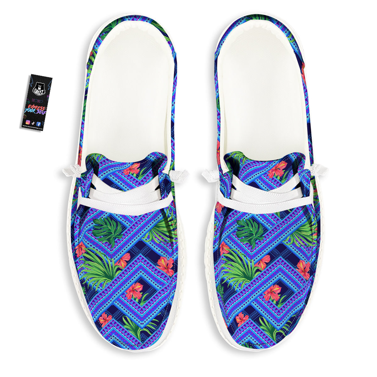 Aztec Tropical Hibiscus Flower Print Pattern White Loafers-grizzshop