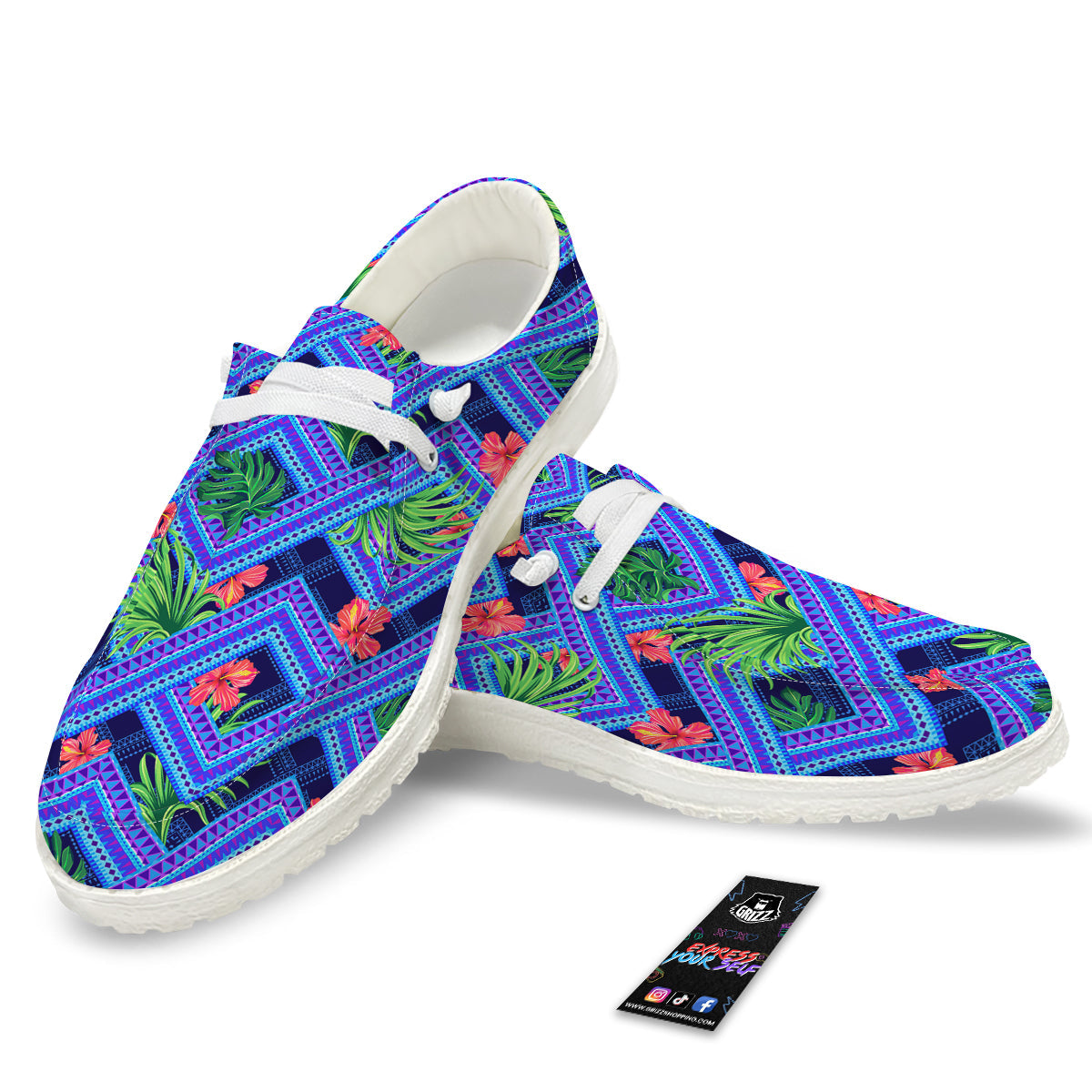 Aztec Tropical Hibiscus Flower Print Pattern White Loafers-grizzshop