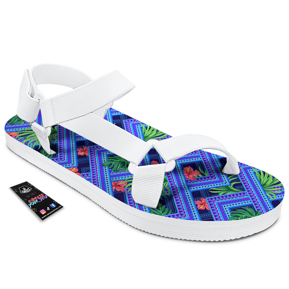 Aztec Tropical Hibiscus Flower Print Pattern White Open Toe Sandals-grizzshop