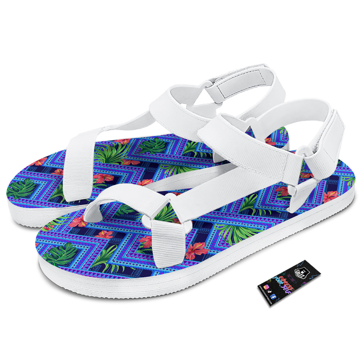 Aztec Tropical Hibiscus Flower Print Pattern White Open Toe Sandals-grizzshop