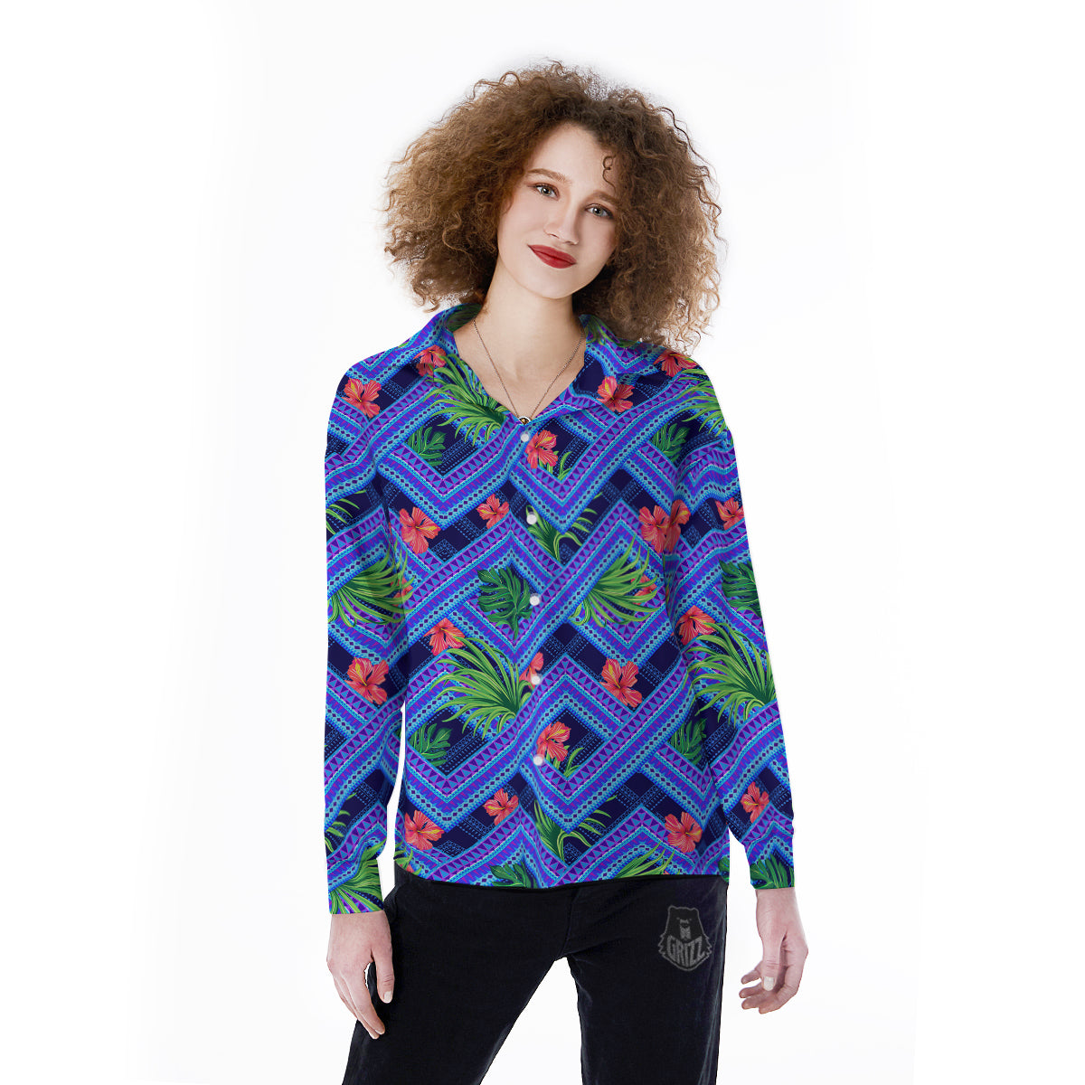Aztec Tropical Hibiscus Flower Print Pattern Women's Long Sleeve Shirts-grizzshop