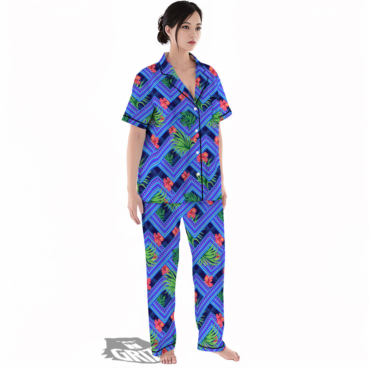 Aztec Tropical Hibiscus Flower Print Pattern Women's Pajamas Set-grizzshop