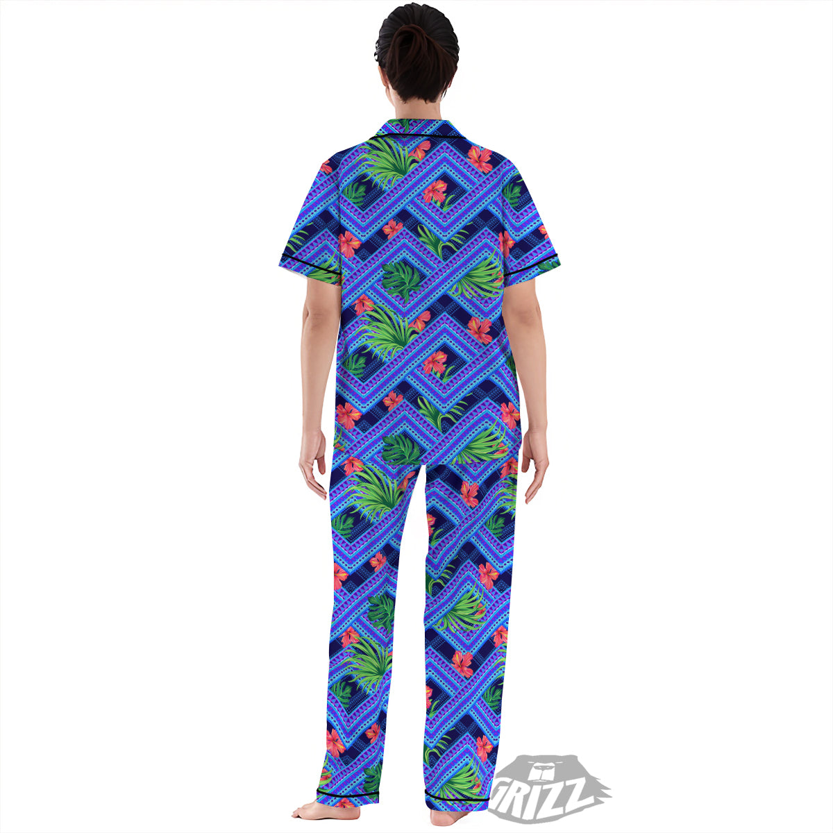 Aztec Tropical Hibiscus Flower Print Pattern Women's Pajamas Set-grizzshop