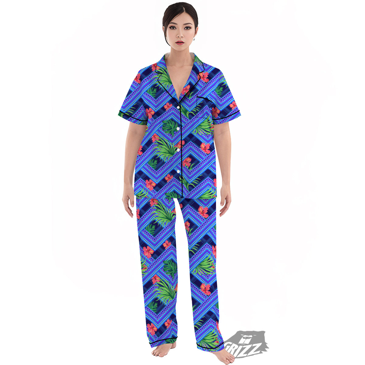 Aztec Tropical Hibiscus Flower Print Pattern Women's Pajamas Set-grizzshop