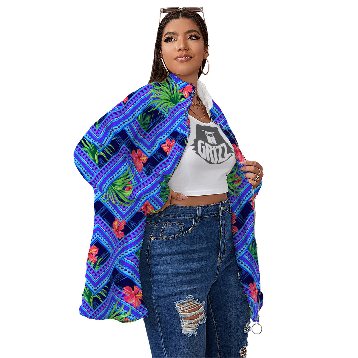 Aztec Tropical Hibiscus Flower Print Pattern Women's Sherpa Jacket-grizzshop
