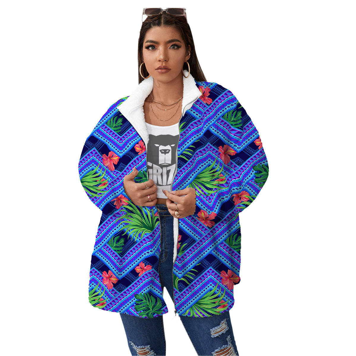 Aztec Tropical Hibiscus Flower Print Pattern Women's Sherpa Jacket-grizzshop