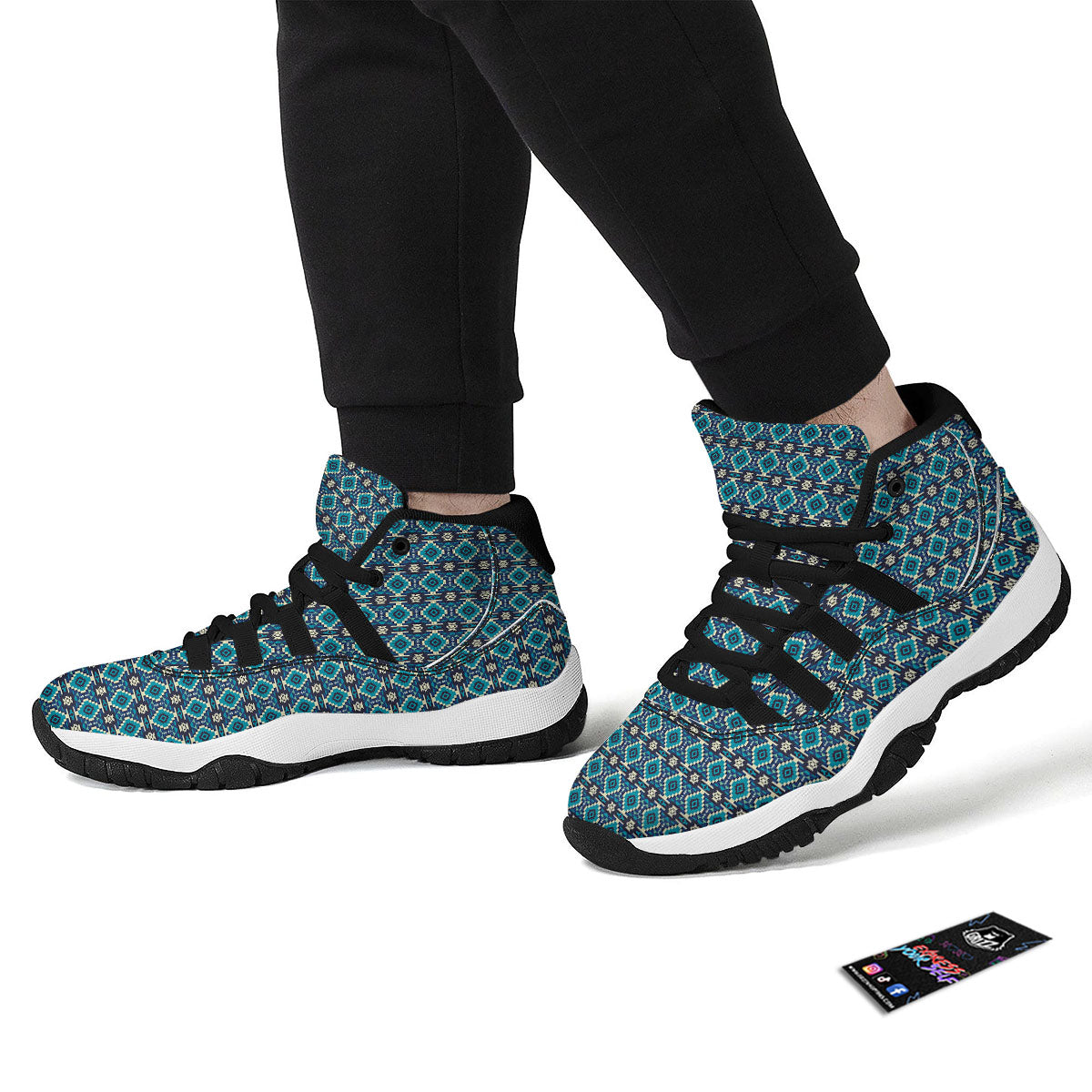 Aztec Turquoise And Blue Print Pattern Black Bball Shoes-grizzshop