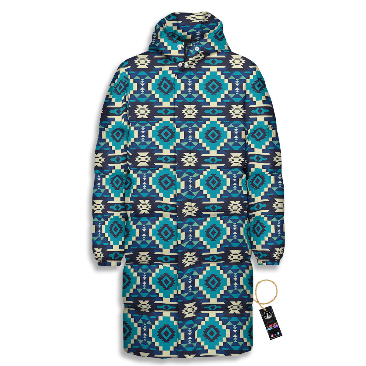 Aztec Turquoise And Blue Print Pattern Long Down Jacket-grizzshop