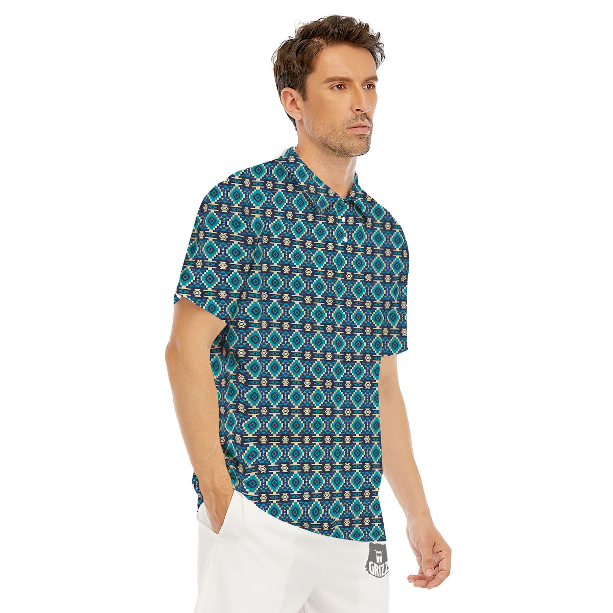 Aztec Turquoise And Blue Print Pattern Men's Golf Shirts-grizzshop