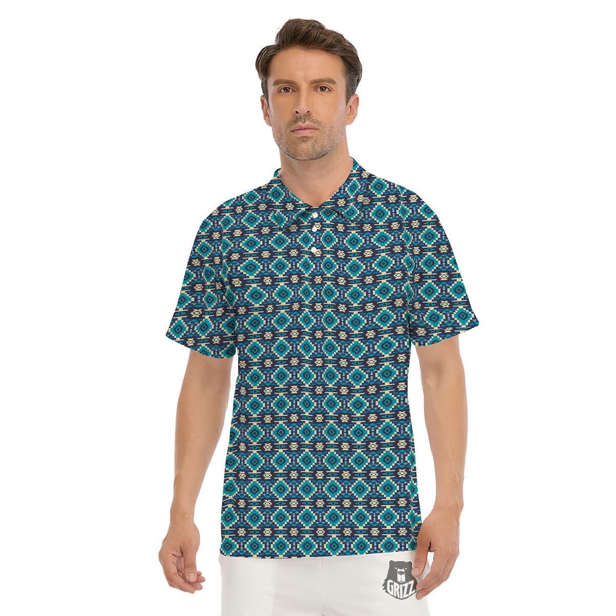 Aztec Turquoise And Blue Print Pattern Men's Golf Shirts-grizzshop