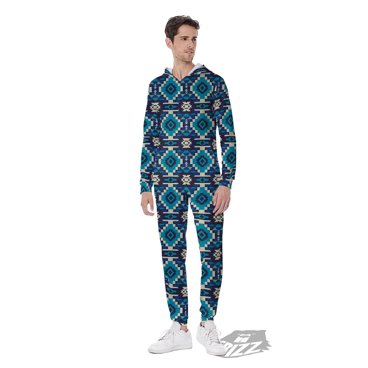 Aztec Turquoise And Blue Print Pattern Men's Jumpsuit-grizzshop