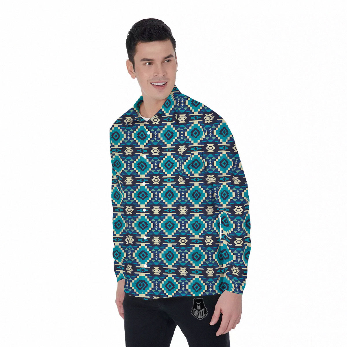 Aztec Turquoise And Blue Print Pattern Men's Long Sleeve Shirts-grizzshop