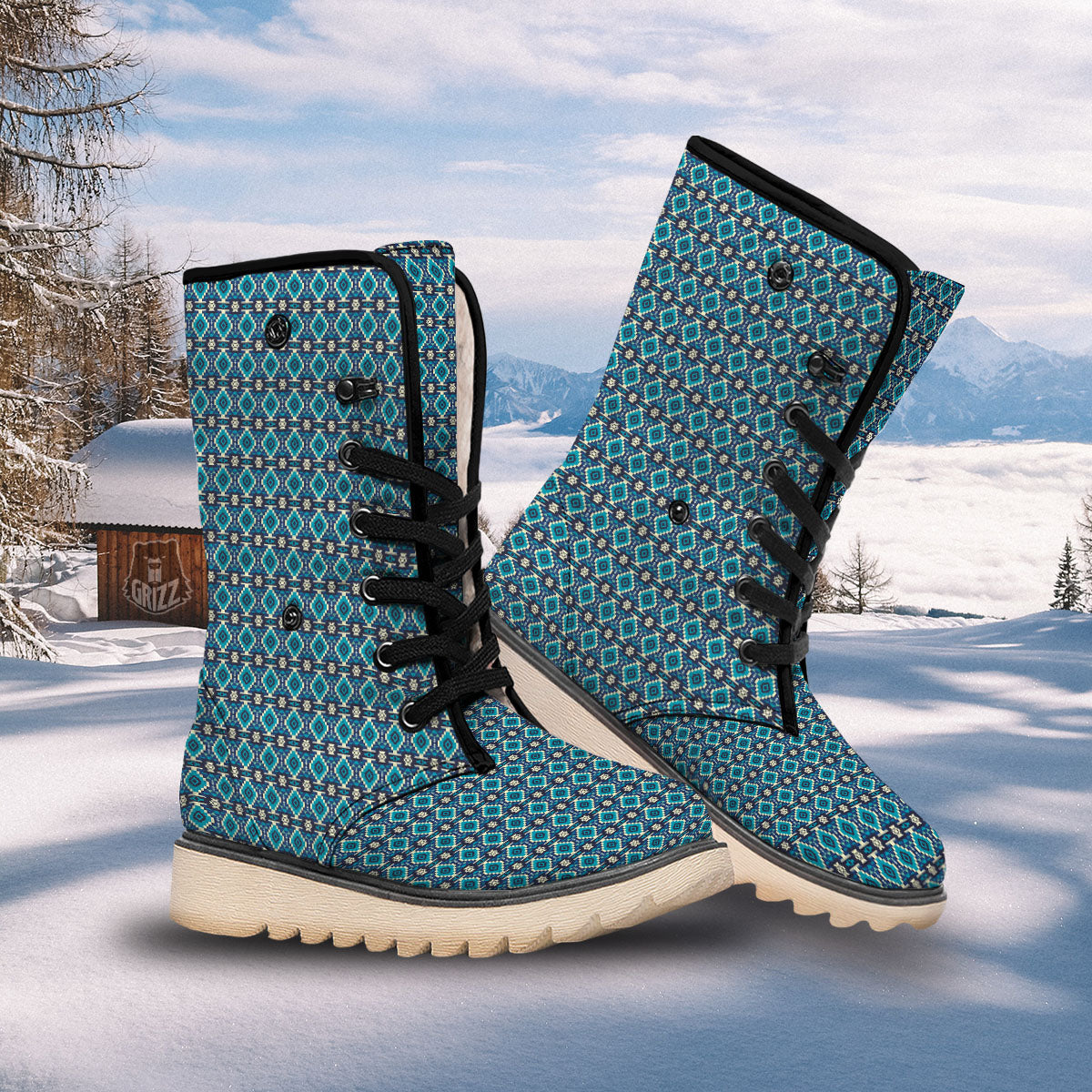 Aztec Turquoise And Blue Print Pattern Snow Boots-grizzshop