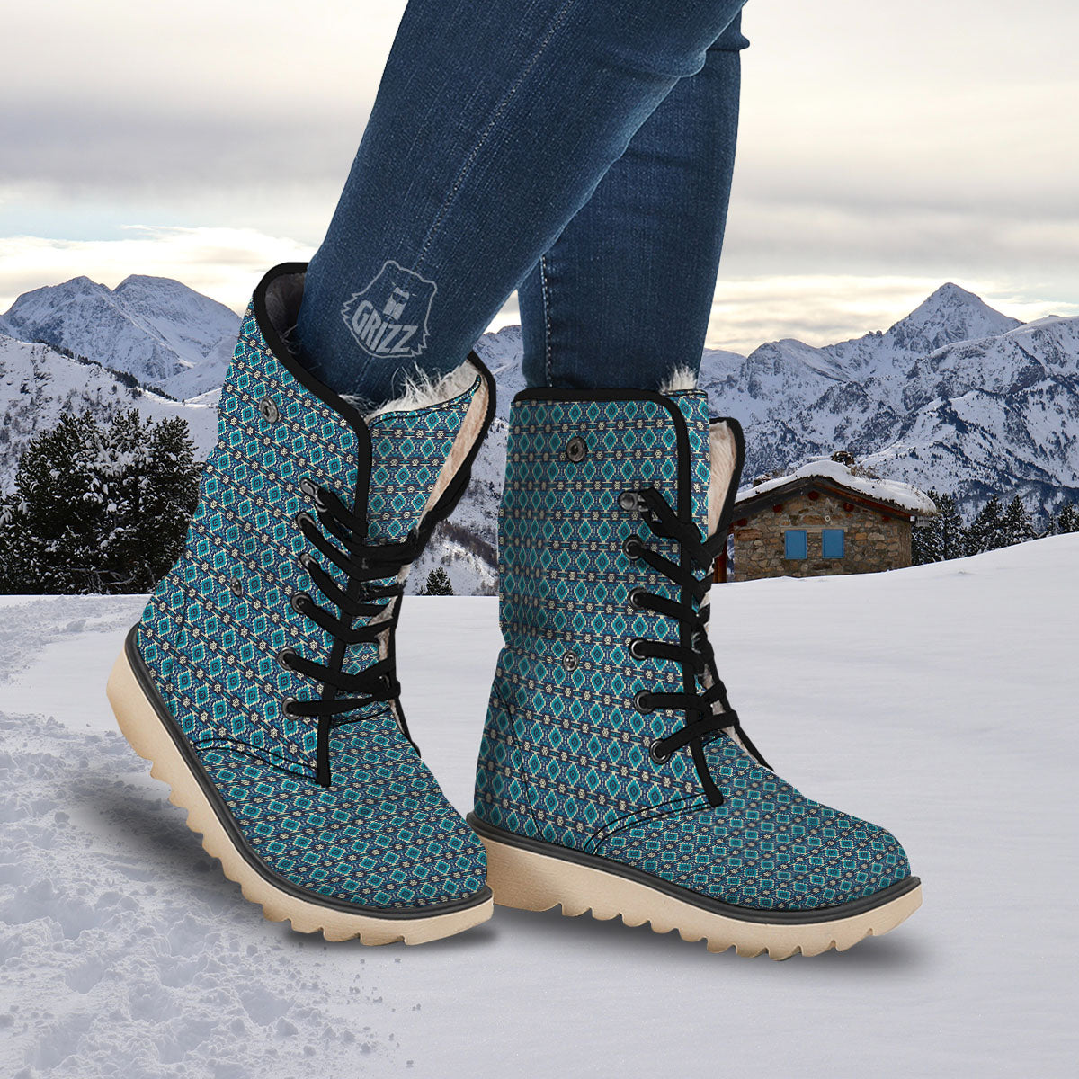 Aztec Turquoise And Blue Print Pattern Snow Boots-grizzshop