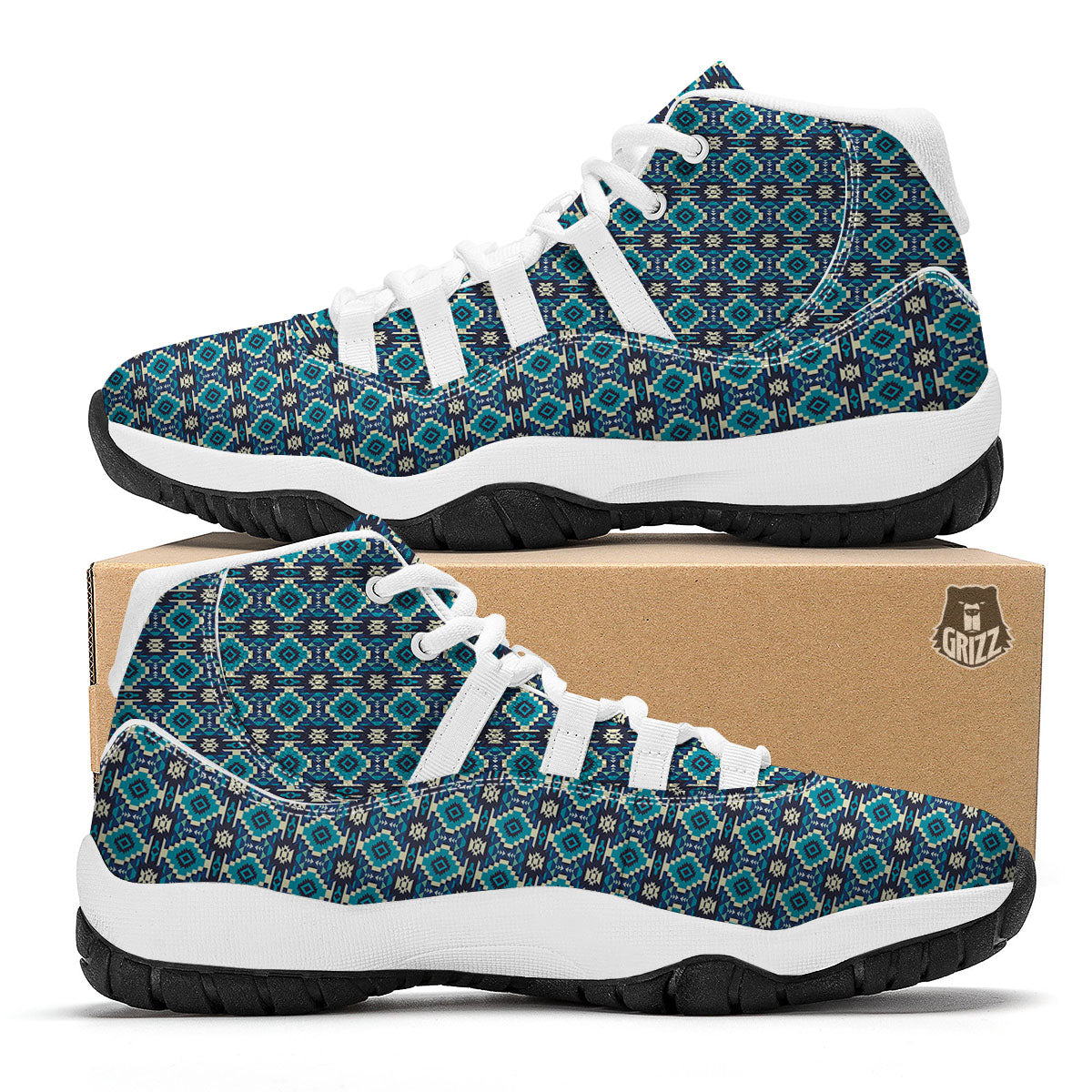 Aztec Turquoise And Blue Print Pattern White Bball Shoes-grizzshop