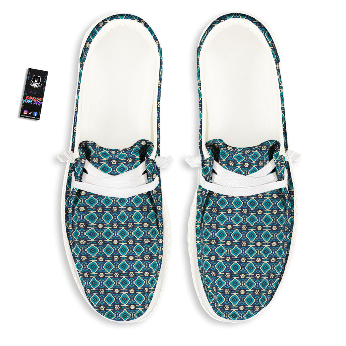Aztec Turquoise And Blue Print Pattern White Loafers-grizzshop