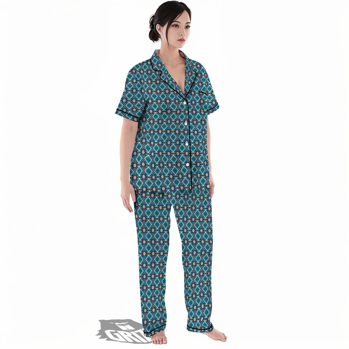 Aztec Turquoise And Blue Print Pattern Women's Pajamas Set-grizzshop