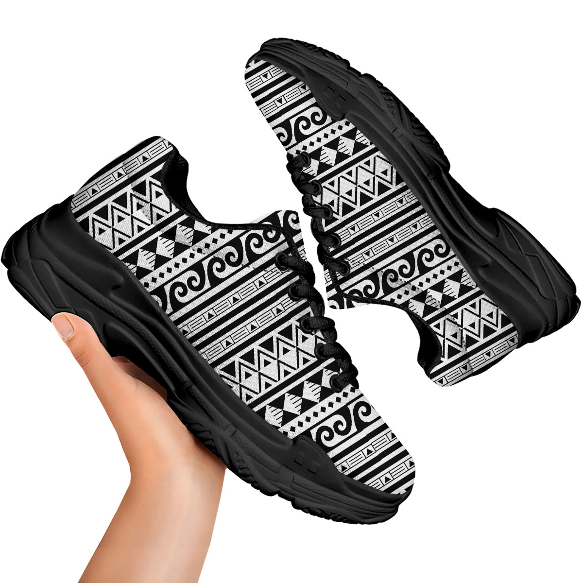 Aztec White And Black Print Pattern Black Chunky Shoes-grizzshop