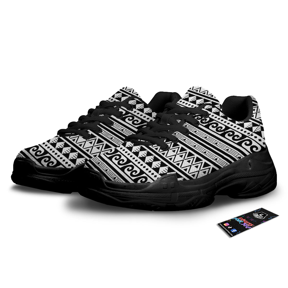 Aztec White And Black Print Pattern Black Chunky Shoes-grizzshop