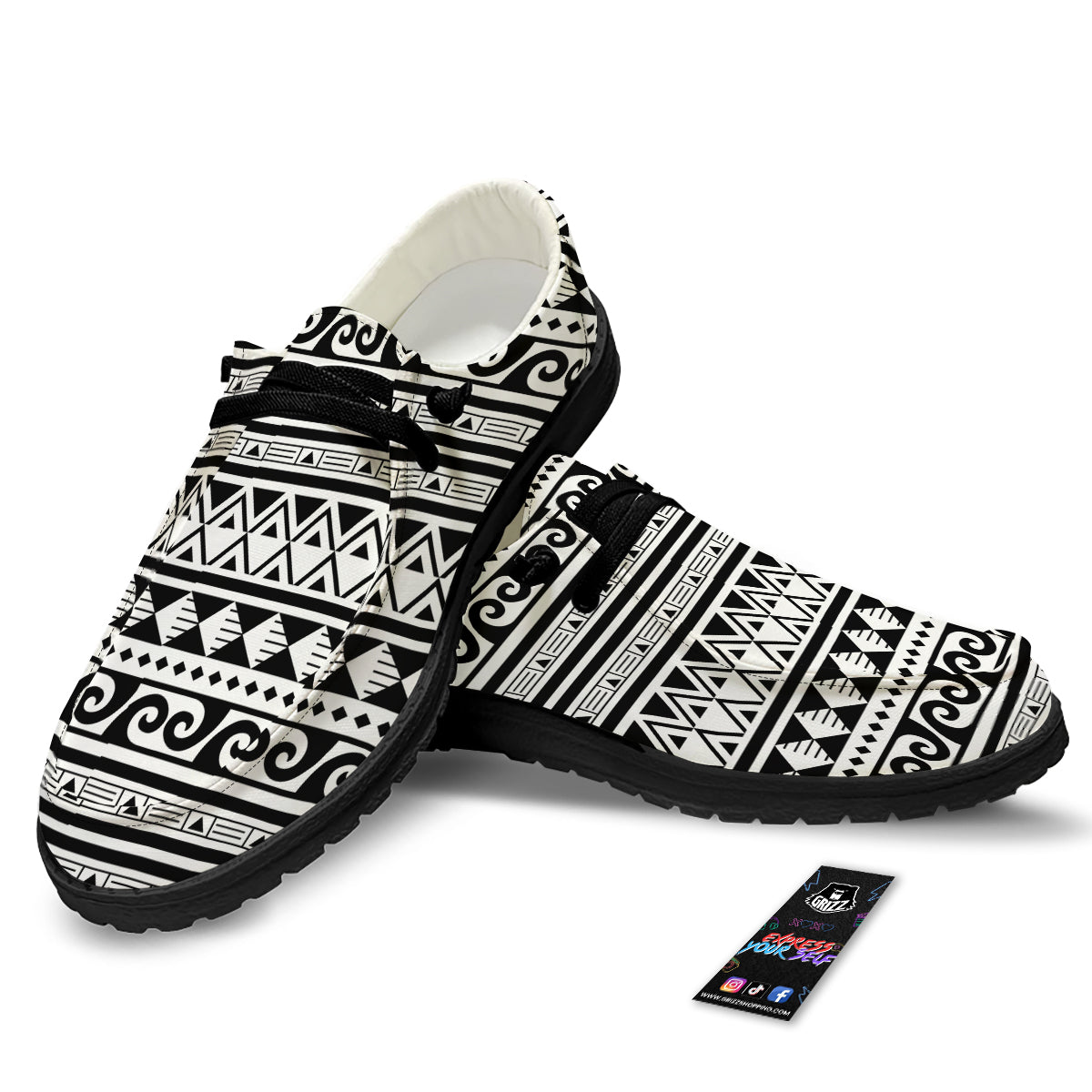 Aztec White And Black Print Pattern Black Loafers-grizzshop