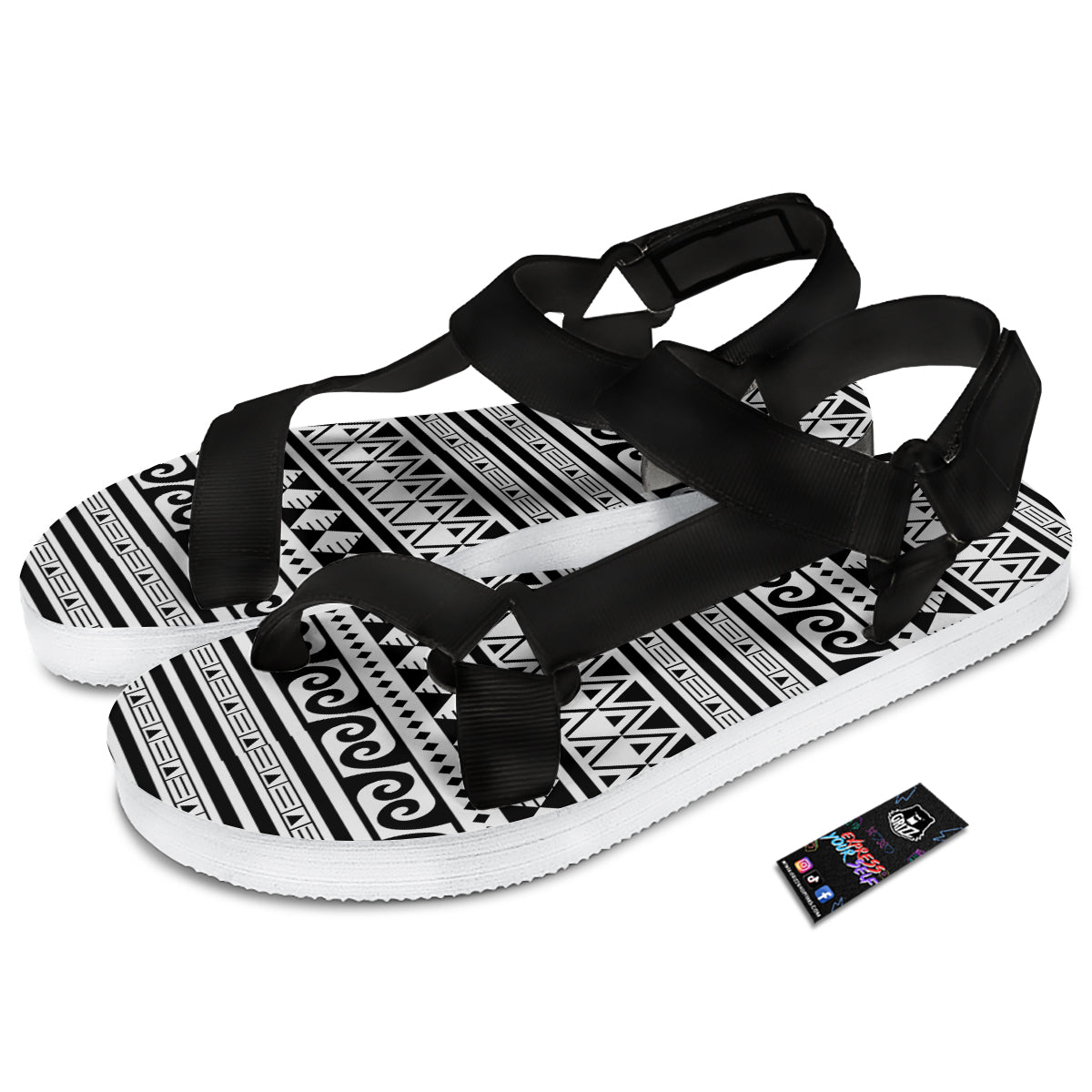 Aztec White And Black Print Pattern Black Open Toe Sandals-grizzshop
