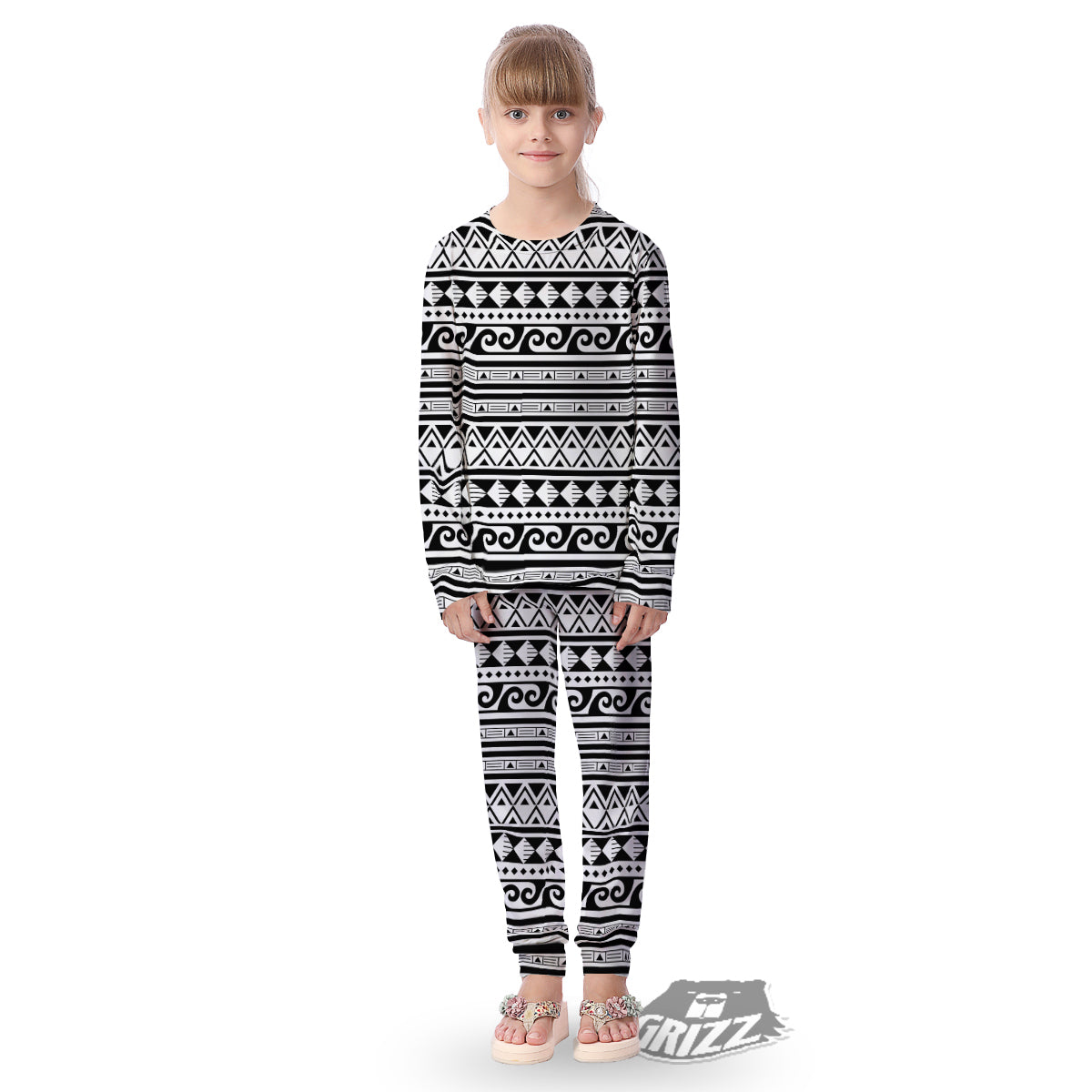 Aztec White And Black Print Pattern Kid's Pajamas-grizzshop