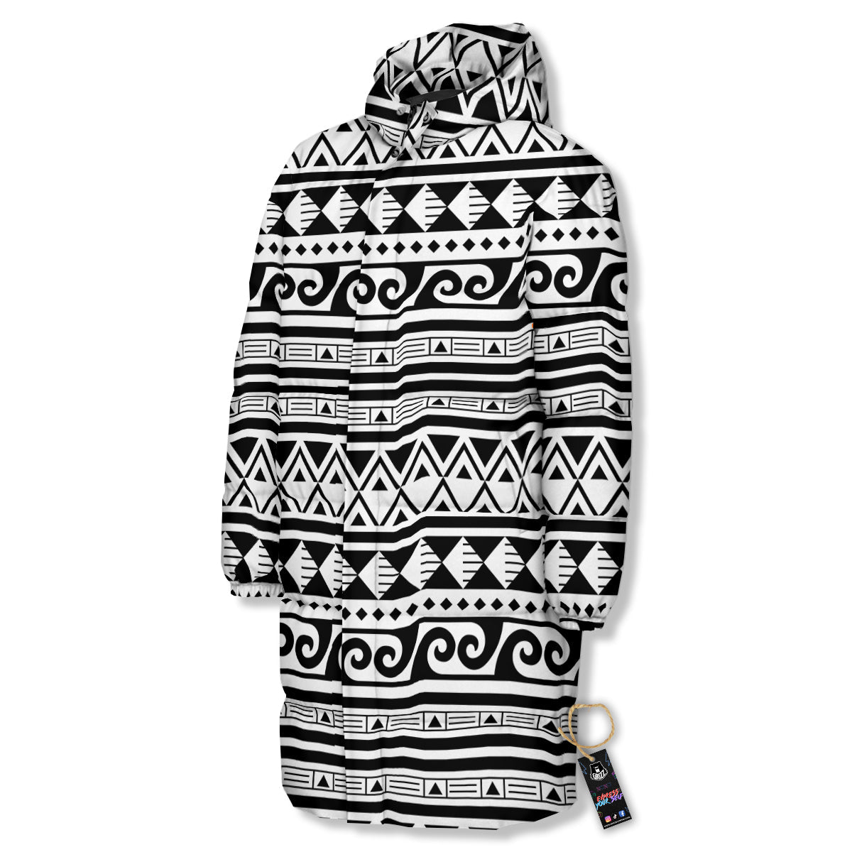 Aztec White And Black Print Pattern Long Down Jacket-grizzshop