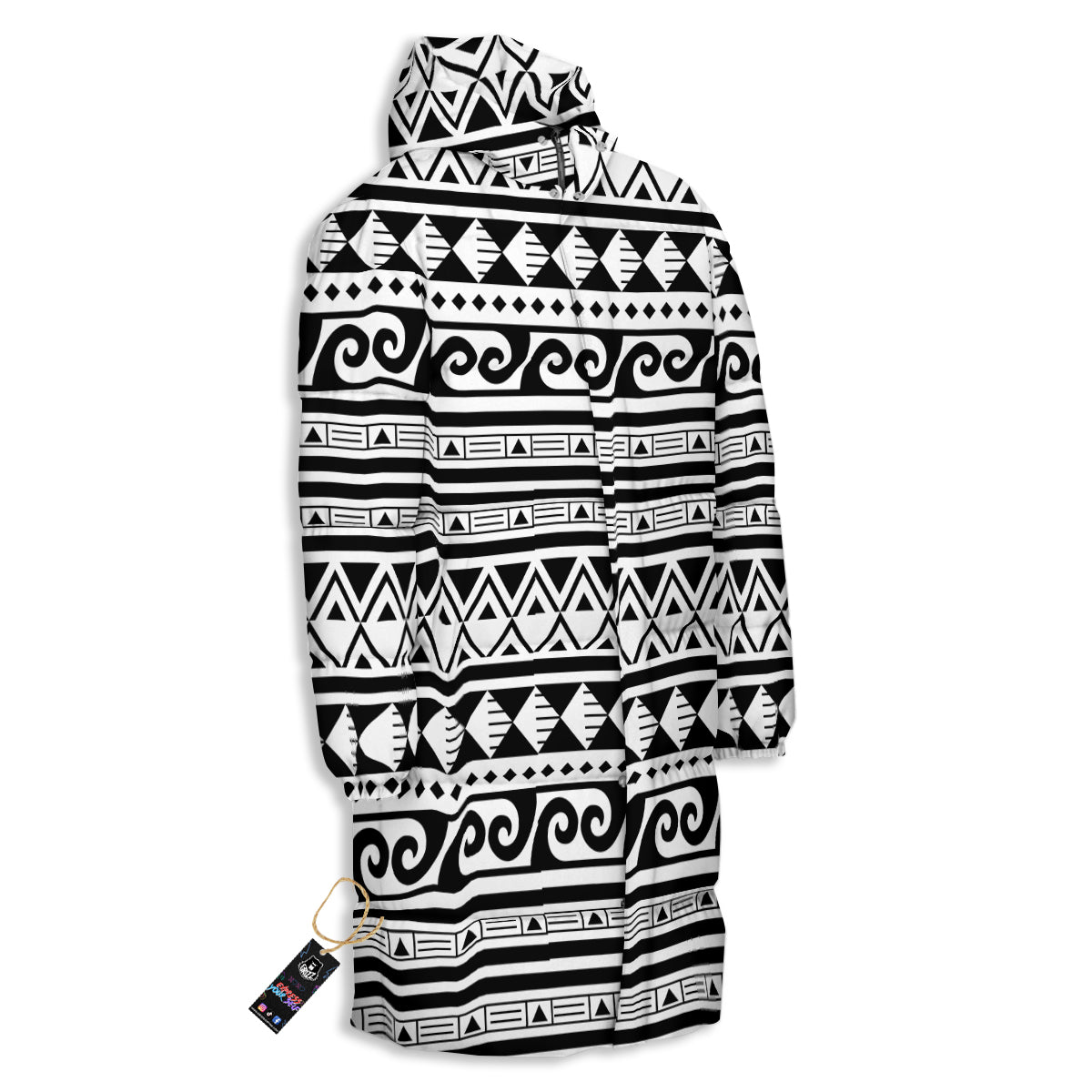 Aztec White And Black Print Pattern Long Down Jacket-grizzshop