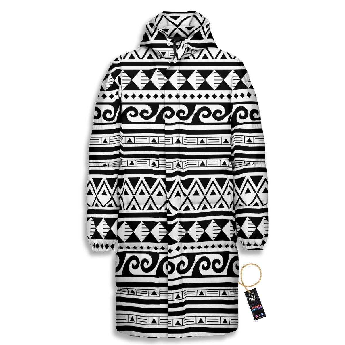 Aztec White And Black Print Pattern Long Down Jacket-grizzshop