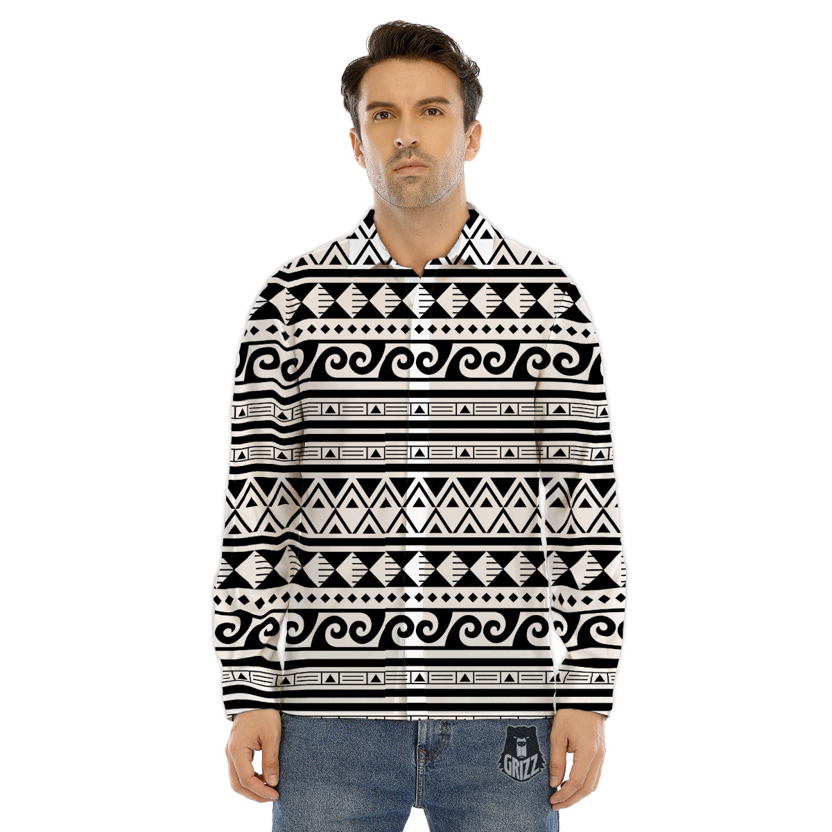 Aztec White And Black Print Pattern Men's Dress Shirts-grizzshop