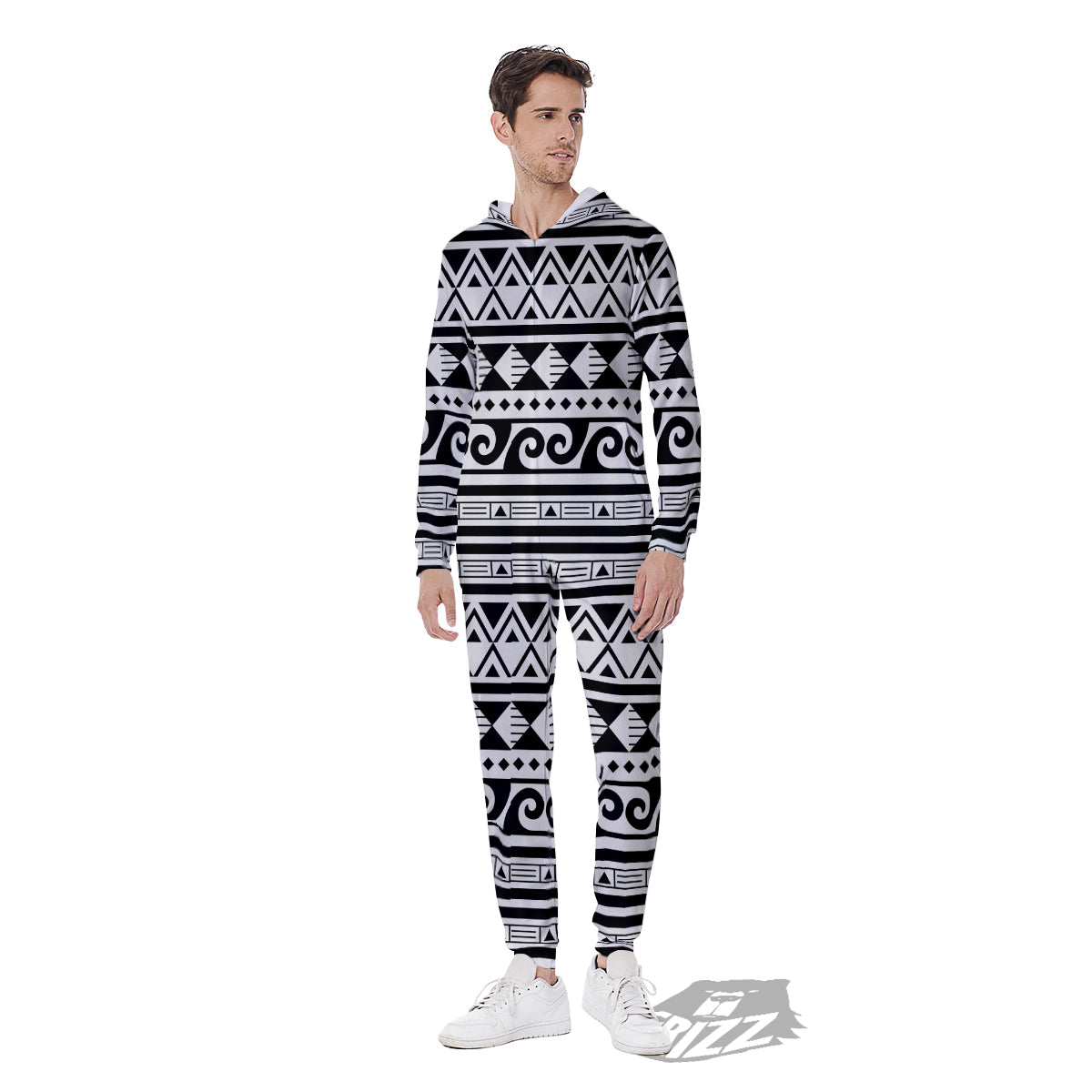 Aztec White And Black Print Pattern Men's Jumpsuit-grizzshop