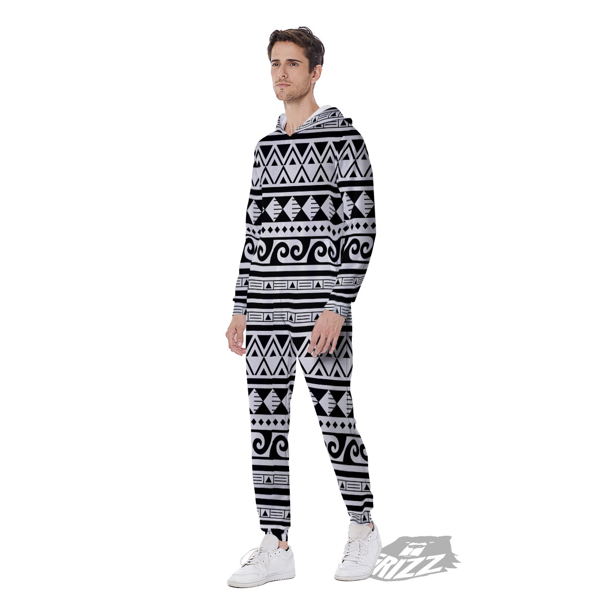 Aztec White And Black Print Pattern Men's Jumpsuit-grizzshop
