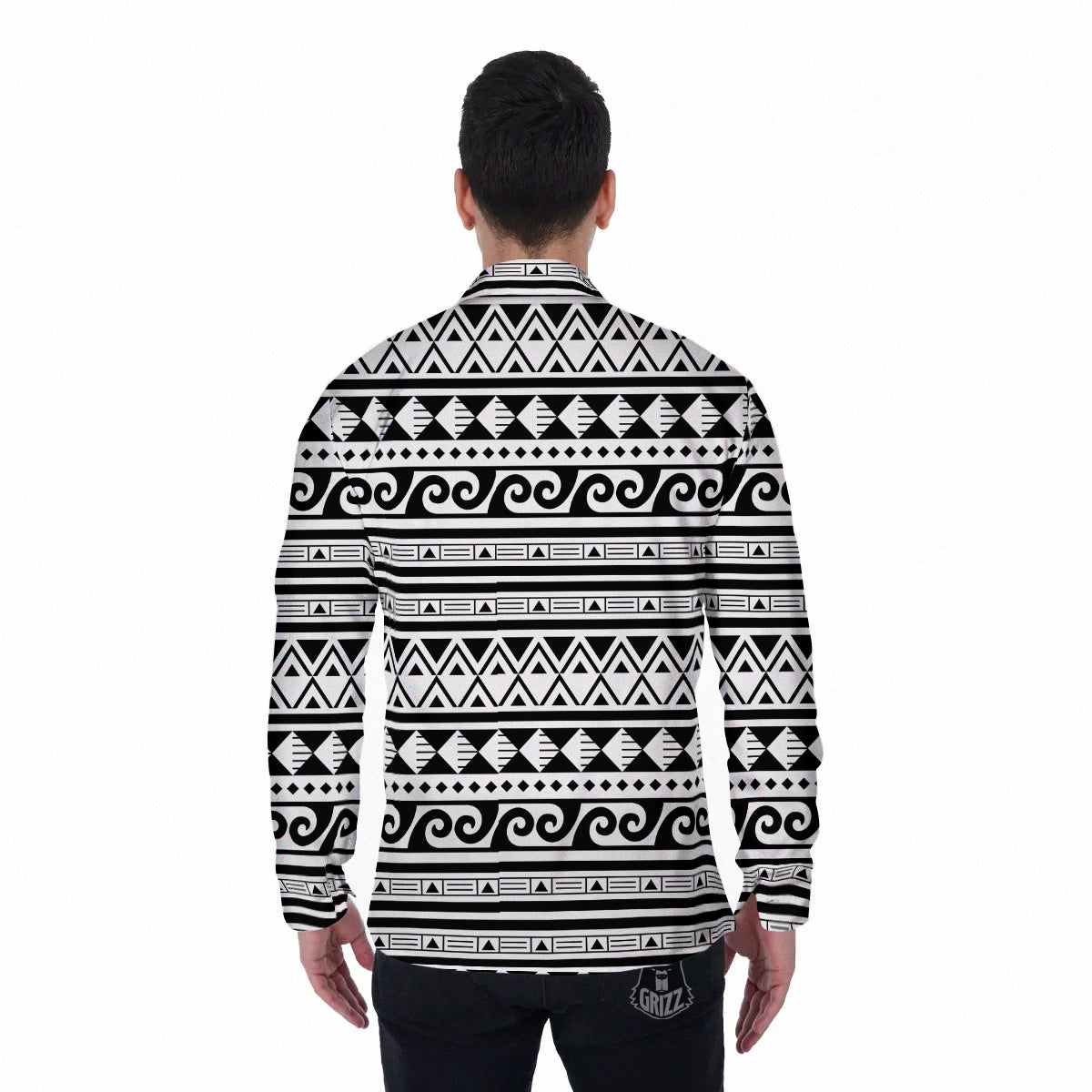 Aztec White And Black Print Pattern Men's Long Sleeve Shirts-grizzshop