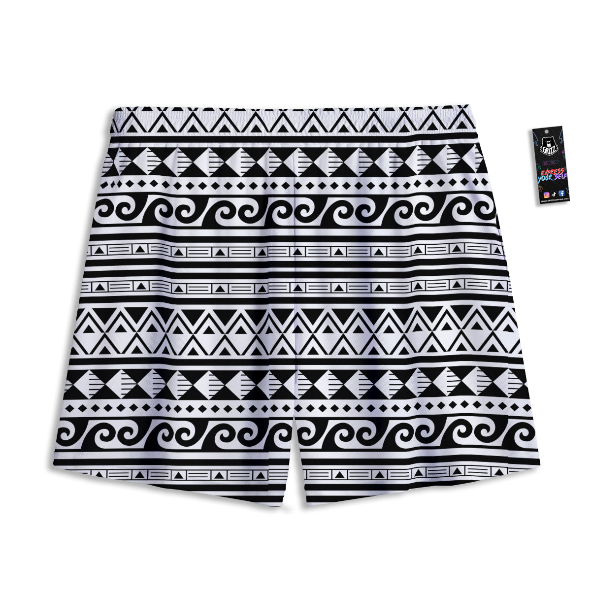 Aztec White And Black Print Pattern Mesh Shorts